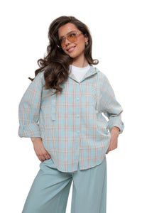 Women's oversized checkered shirt with a hood. Color Celadon-Beige