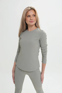 Women's long-sleeved blouse with a delicate ribbed trim - fitted, stretchy. Green