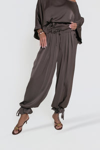 Damen Satinhose für Party, weit geschnitten, elegant, Farbe Braun