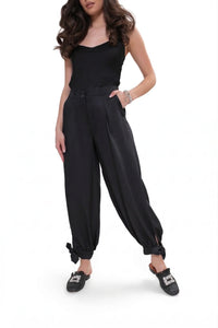 Elegant women's trousers - tie-up legs, high waist. Black colour