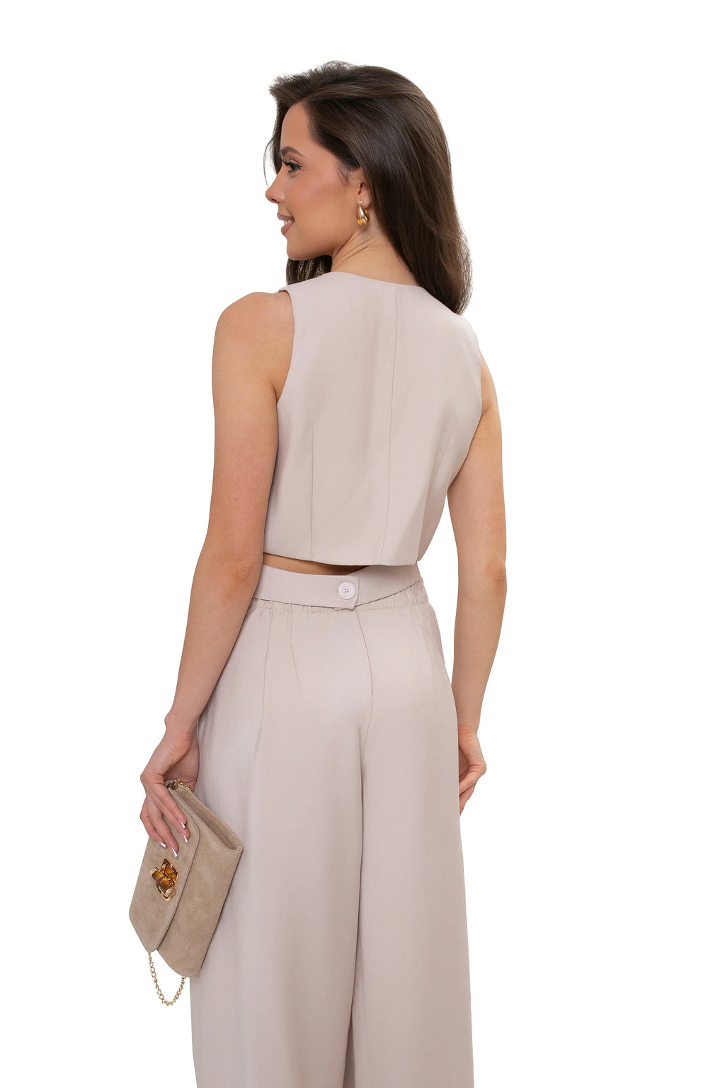 Elegante Damenweste mit Schnalle – formelle Business-Kleidung. Dunkelbeige.