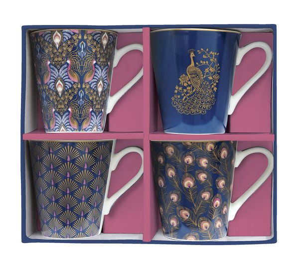 Zestaw czterech porcelanowych kubków z motywem pawia, widok z przodu, wielokolorowe wzory | EasyLife | Spironik.pl