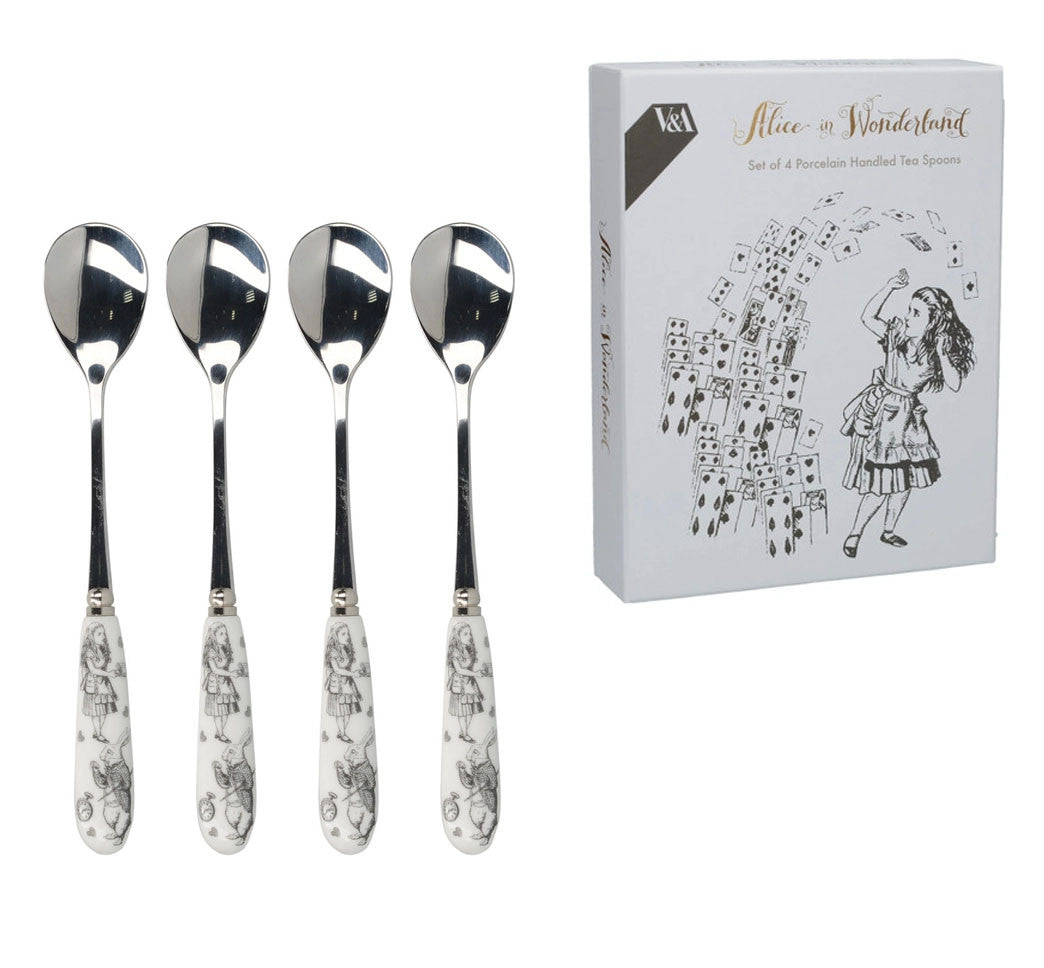 Zestaw czterech łyżeczek do herbaty z porcelanową rączką, inspirowany „Alicją w Krainie Czarów” | V&A Victoria & Albert Museum | Spironik.pl