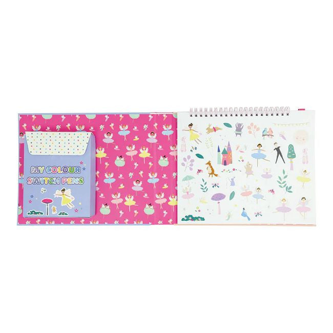 Zbliżenie na magiczny pisak, który zmienia kolory, obok kolorowych stron do rysowania | Floss & Rock | Spironik.pl