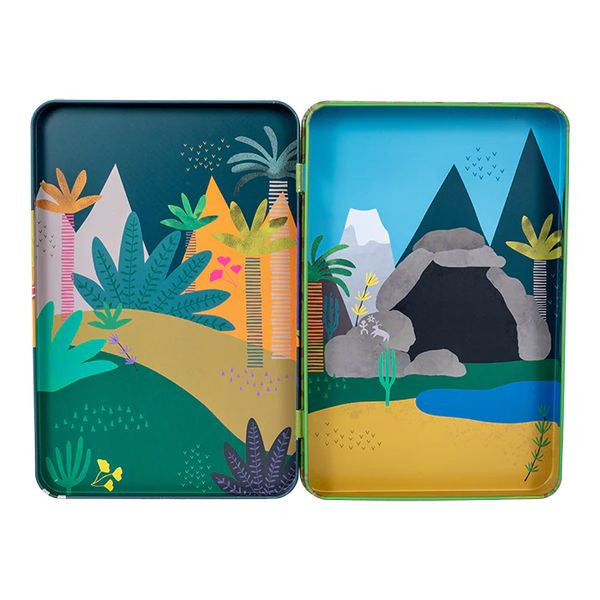 Zestaw magnetycznych elementów z dinozaurami, wulkanami i jaskiniowcami w użyciu na kolorowej scenie | Floss & Rock | Spironik.pl