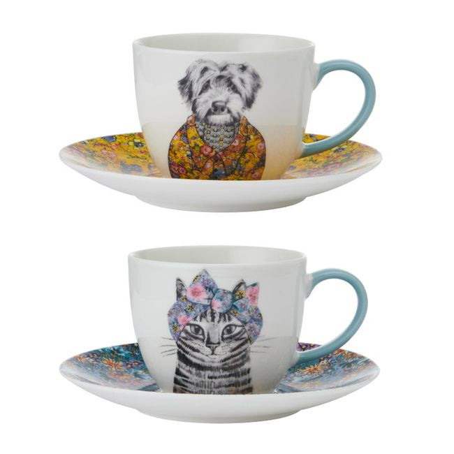 Filiżanka porcelanowa z grafiką psa i kota, widok z przodu, kolorowy design | KitchenKraft | Spironik.pl