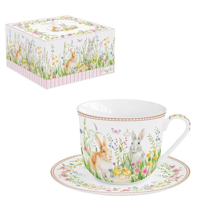 Filiżanka porcelanowa z ozdobnym spodkiem w wielokolorowym wzorze nawiązującym do Wielkanocy | EasyLife | Spironik.pl