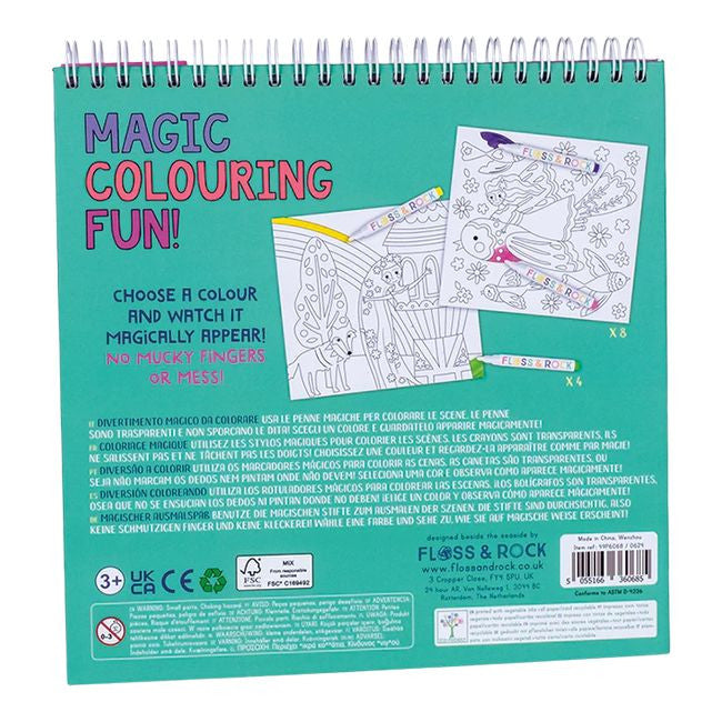 Zestaw magicznych pisaków i kolorowanek z boku, prezentujący spiralny grzbiet i różnorodność rysunków | Floss & Rock | Spironik.pl