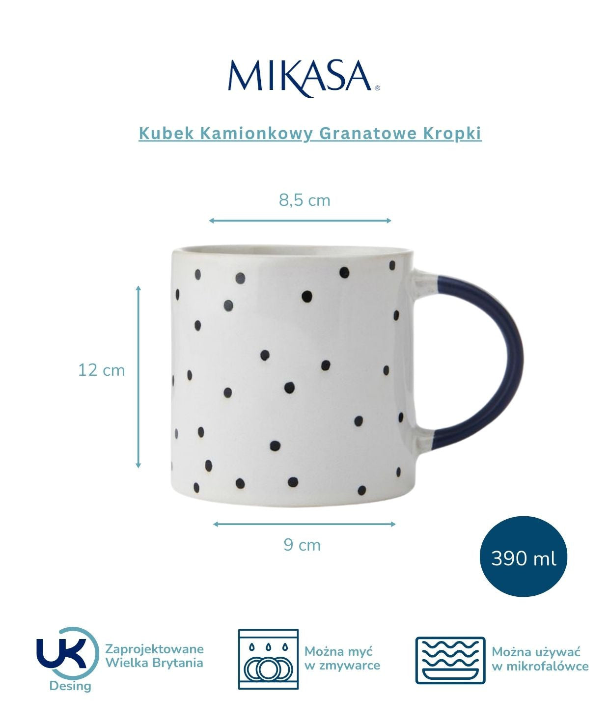 Kubek Mikasa z boku, ukazujący elegancki design i wygodny uchwyt, pojemność 390 ml | KitchenKraft | Spironik.pl