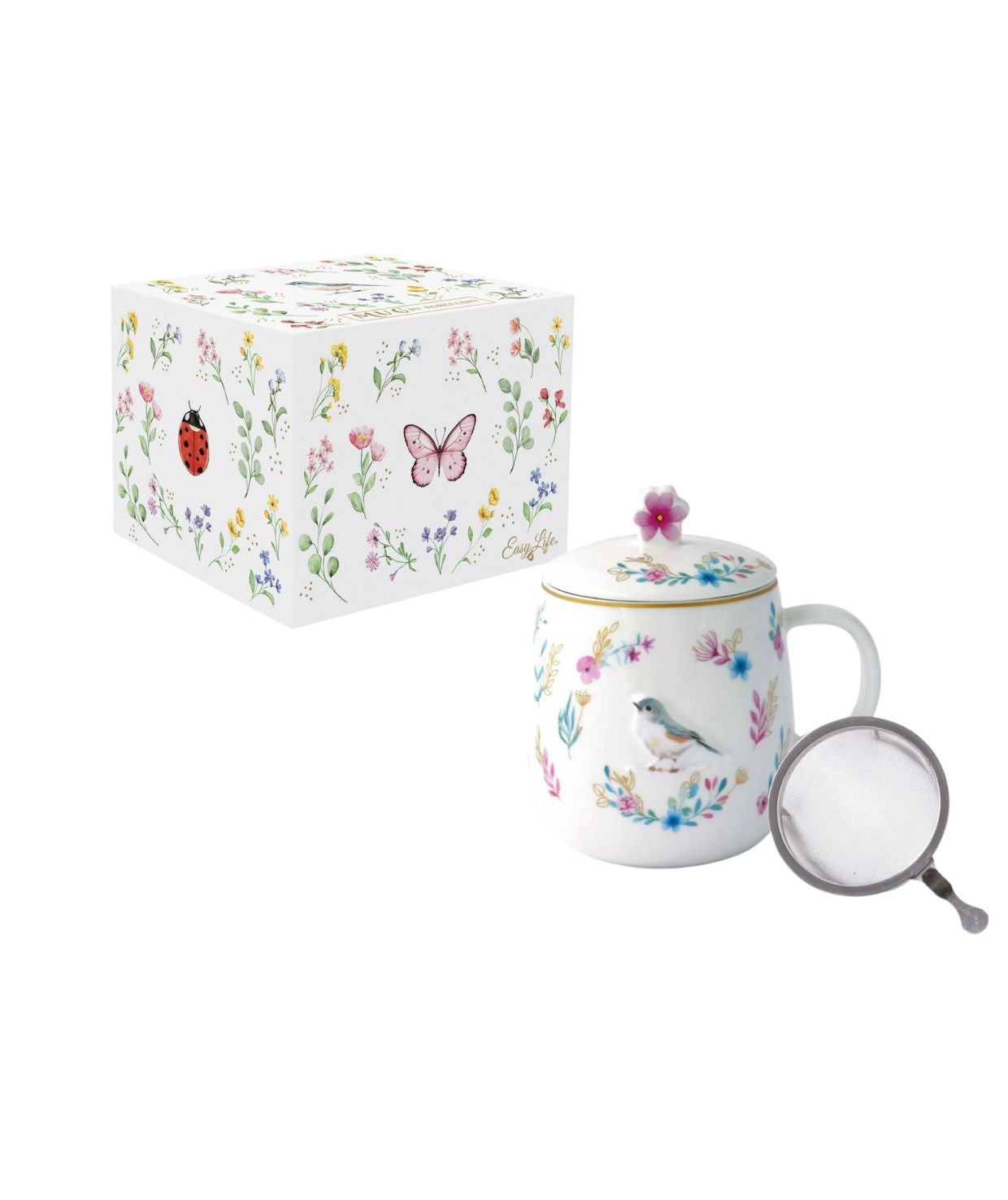 Porcelanowy kubek z motywem ptaszka i kwiatów, widok z przodu z pokrywką i zaparzaczem | EasyLife | Spironik.pl