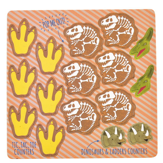 Zestaw gier 4w1 z dinozaurami, widok z boku, wszystkie elementy w woreczku | Floss & Rock | Spironik.pl