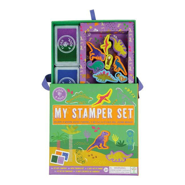 Walizka z zestawem pieczątek i tuszy w kolorze zielonym i niebieskim | Floss & Rock | Spironik.pl