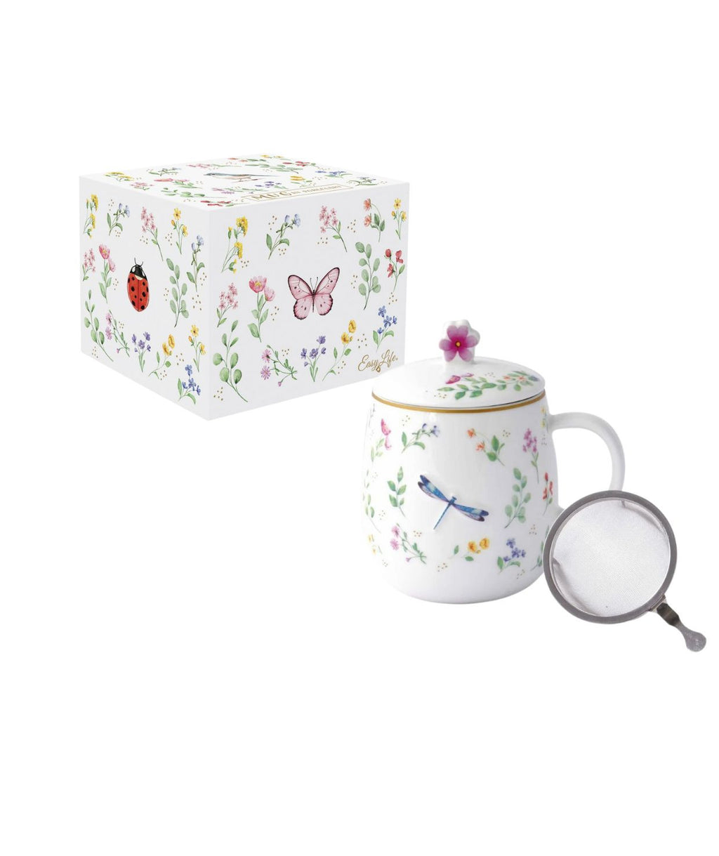 Zestaw kubka z gęstym sitkiem i pokrywką, widok z boku na elegancką porcelanę w kolorach tęczy | EasyLife | Spironik.pl