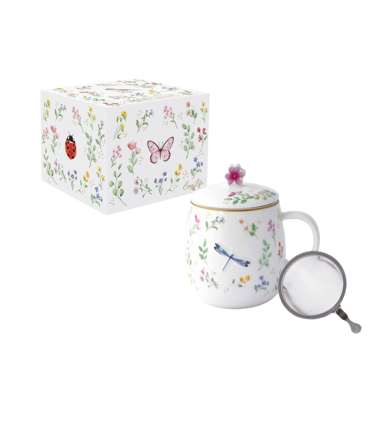 Zestaw kubka z gęstym sitkiem i pokrywką, widok z boku na elegancką porcelanę w kolorach tęczy | EasyLife | Spironik.pl