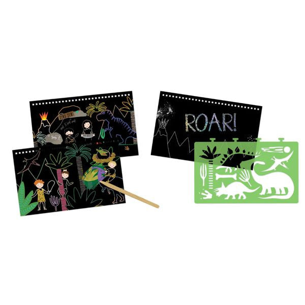 Zestaw zdrapywanek z dinozaurami, widok z boku ukazujący drewniany rysik i karty | Floss & Rock | Spironik.pl