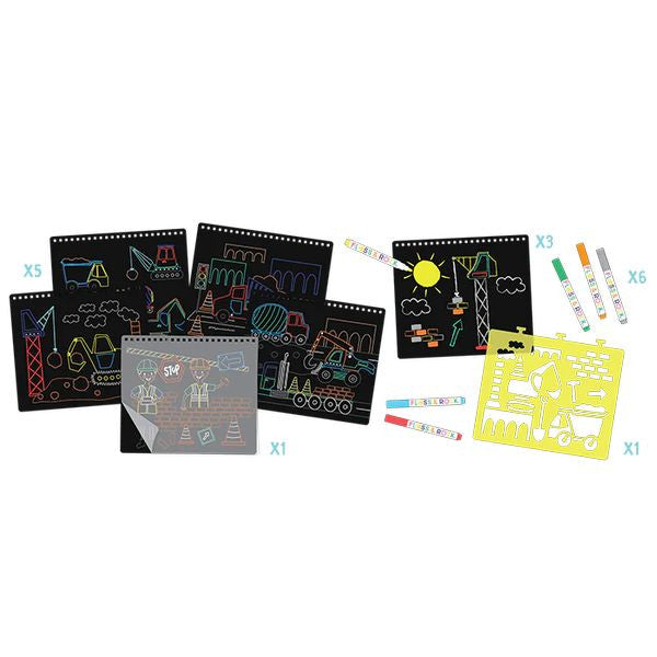 Skicák v použití dítětem, které vybarvuje jednu z karet křídovými fixy | Floss & Rock | Spironik.pl