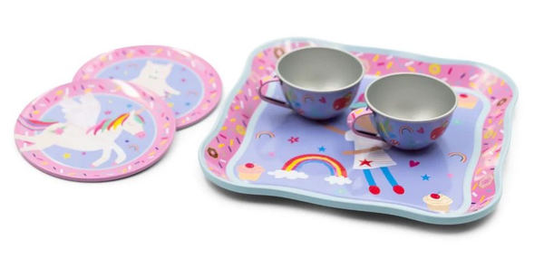 Zestaw do herbaty z motywem Tęczowych Wróżek, widok z boku na czajniczek i filiżanki | Floss & Rock | Spironik.pl