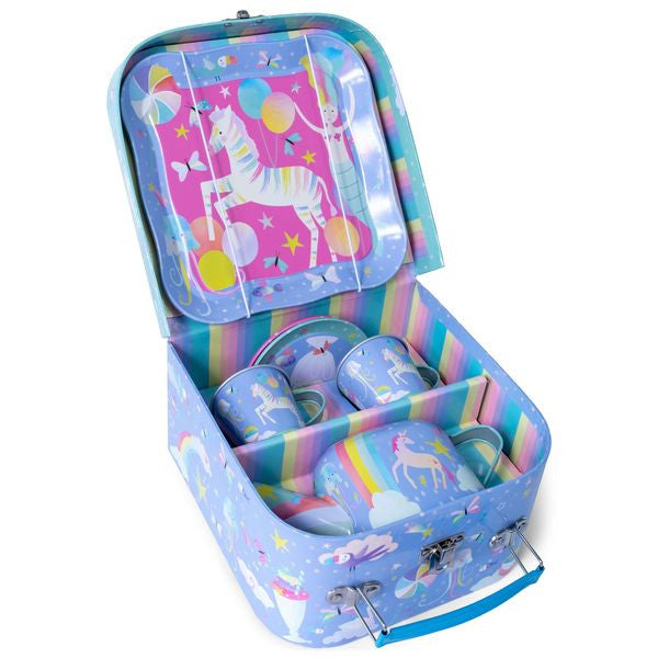 Zestaw herbaciany z czajniczkiem i filiżankami, ukazany z boku w kolorowej walizeczce | Floss & Rock | Spironik.pl