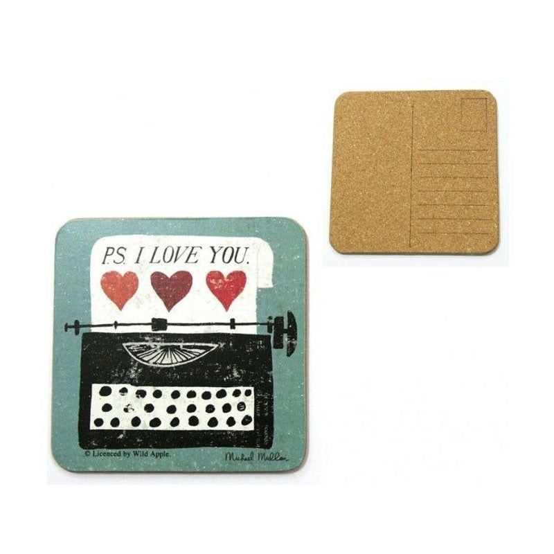 Detal turkusowej podkładki korkowej z serduszkami i napisem w języku angielskim w zbliżeniu | KitchenKraft | Spironik.pl