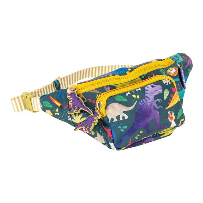 Saszetka z motywem dinozaurów, widok z przodu z regulowanym paskiem | Floss & Rock | Spironik.pl