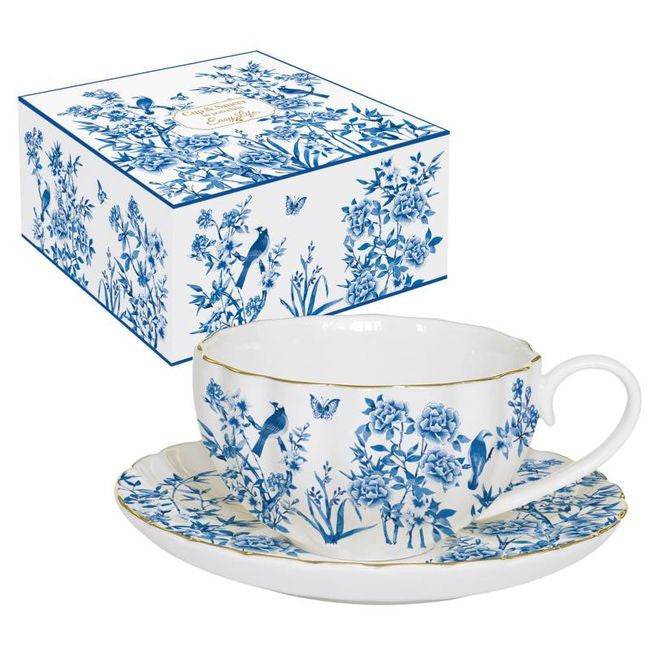 Filiżanka porcelanowa z motywem ptaków i motyli, widok z przodu, kolor biały z ozdobnymi złoceniami | EasyLife | Spironik.pl