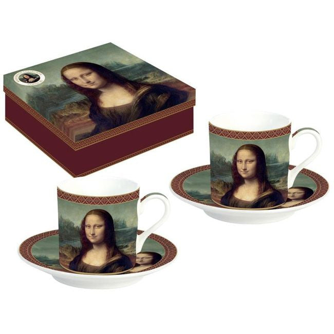 Zestaw filiżanek ze spodkami do espresso, prezentujący detal obrazu Mona Lisa, idealny do codziennego użytku | EasyLife | Spironik.pl