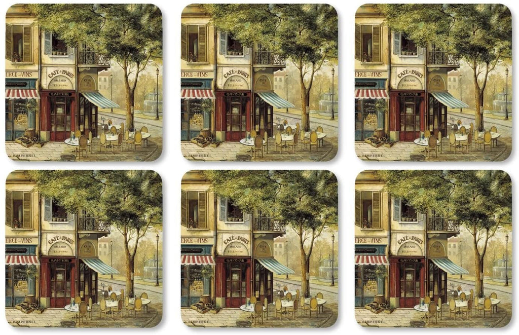 Zestaw sześciu podkładek korkowych z malowniczą sceną Paryża z XIX wieku, wymiary 10.5 x 10.5 cm | Pimpernel | Spironik.pl