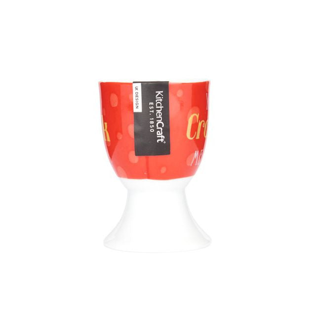 Detal porcelanowego kieliszka na jajko, ukazujący dekorację "You crack me up" | KitchenKraft | Spironik.pl