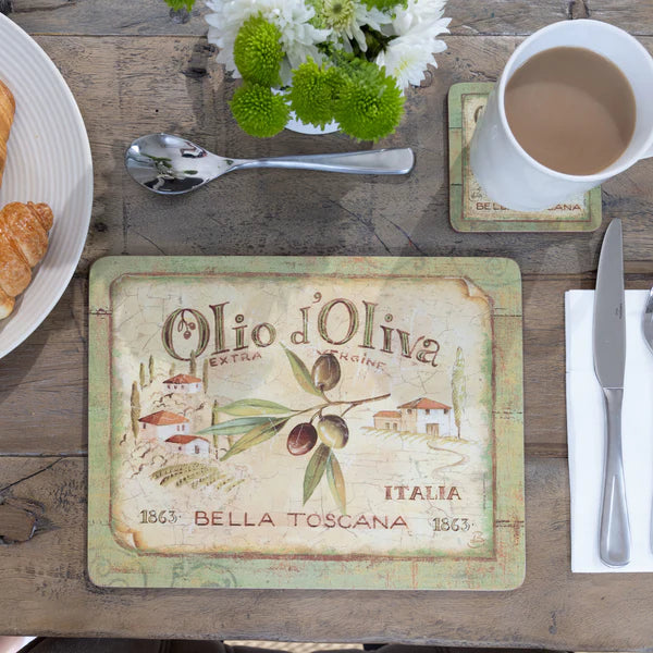 Duże podkładki korkowe w kolorze oliwkowym z motywem Toskanii i gałązką oliwną | KitchenKraft | Spironik.pl