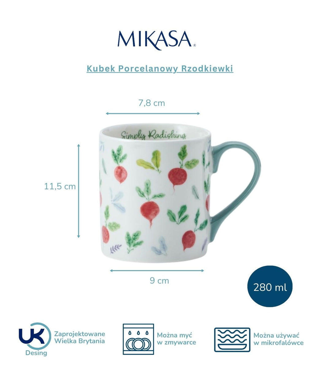 Zbliżenie na fakturę porcelany kubka Mikasa, ukazujące detale wzoru rzodkiewek | KitchenKraft | Spironik.pl
