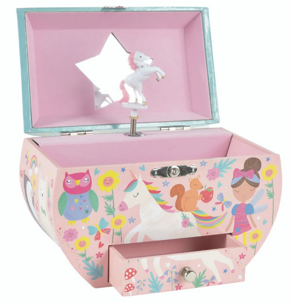 Zbliżenie na wirującego jednorożca w owalnej szkatułce, grającego melodię „You Are My Sunshine” | Floss & Rock | Spironik.pl