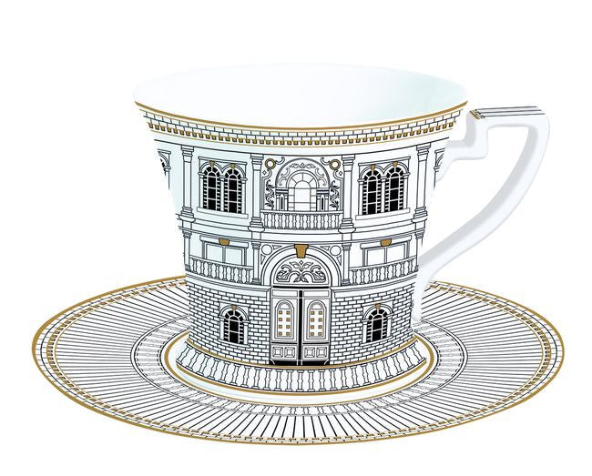 Filiżanka porcelanowa Palazzo z czarnym i złotym motywem pałacowym, widok z przodu | EasyLife | Spironik.pl