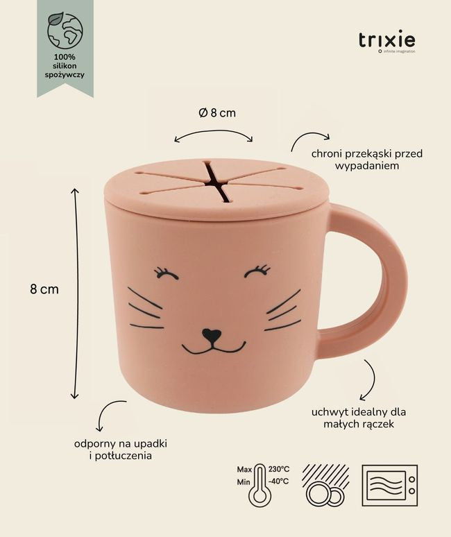 Kubek silikonowy z zaokrąglonym uchem, widok z boku, idealny dla małych rączek | Trixie | Spironik.pl