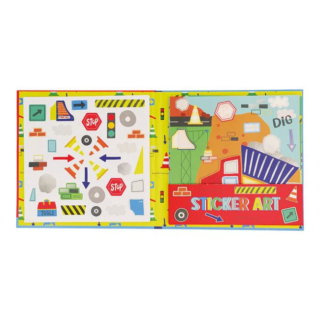 Zbliżenie na arkusze łatwych do odklejenia naklejek w zestawie Na Budowie | Floss & Rock | Spironik.pl