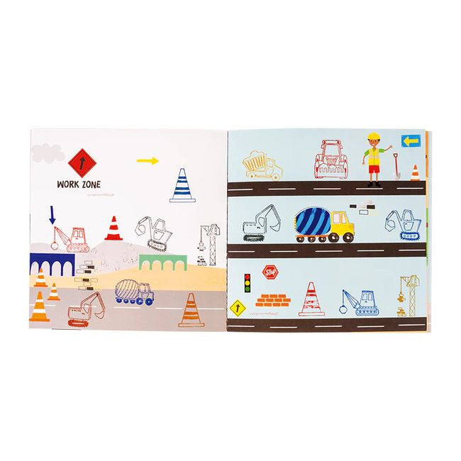 Zbliżenie na drewniane pieczątki z motywami budowlanymi, takimi jak koparka i dźwig | Floss & Rock | Spironik.pl