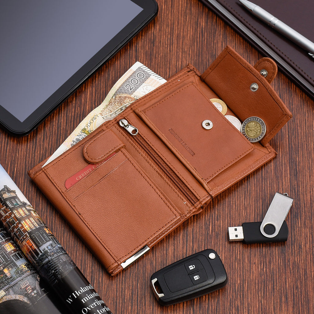 Portfel męski Bellugio w kolorze koniakowym z tłoczeniem Genuine Leather i ochroną RFID | Spironik.pl