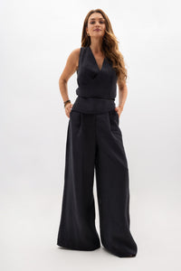 Women's trousers with a decorative belt and wide legs. Graphite color