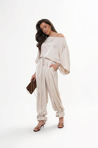 VERA Women's satin trousers - wide tie legs. Colour Light beige
