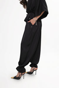 VERA Women's satin trousers - wide tie legs. Colour Black