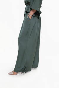 VERA Women's Satin Trousers - wide tie-waist legs. Color Green
