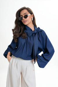 Women's blouse with a bow and gathered neckline. Color: Dark Denim Blue