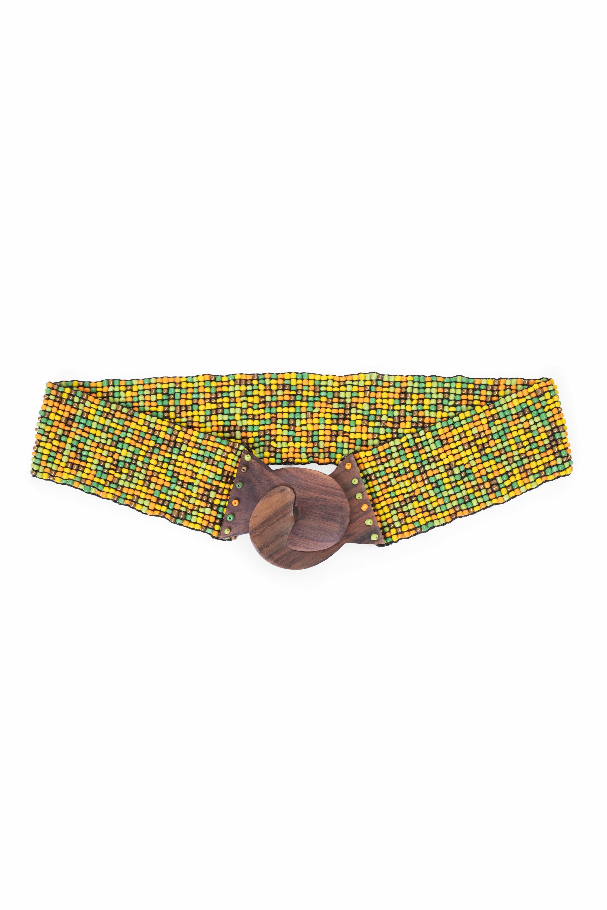 Pasek damski limonkowy z kolorowych koralików z drewnianą klamrą w stylu boho do letnich stylizacji | Bastet | Spironik.pl