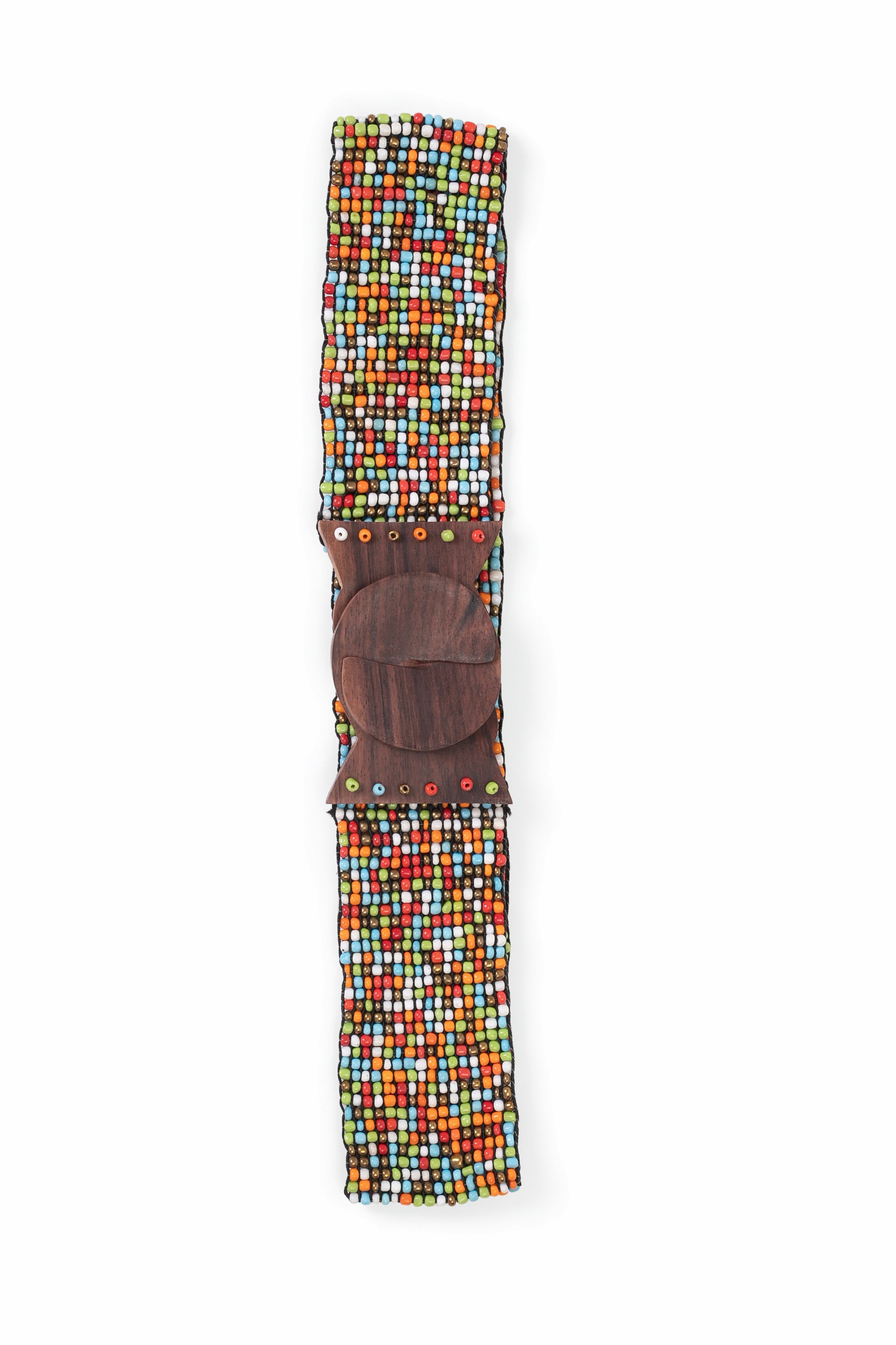 Pasek damski z kolorowych koralików z drewnianą klamrą w stylu boho idealny do letnich stylizacji | Bastet | Spironik.pl