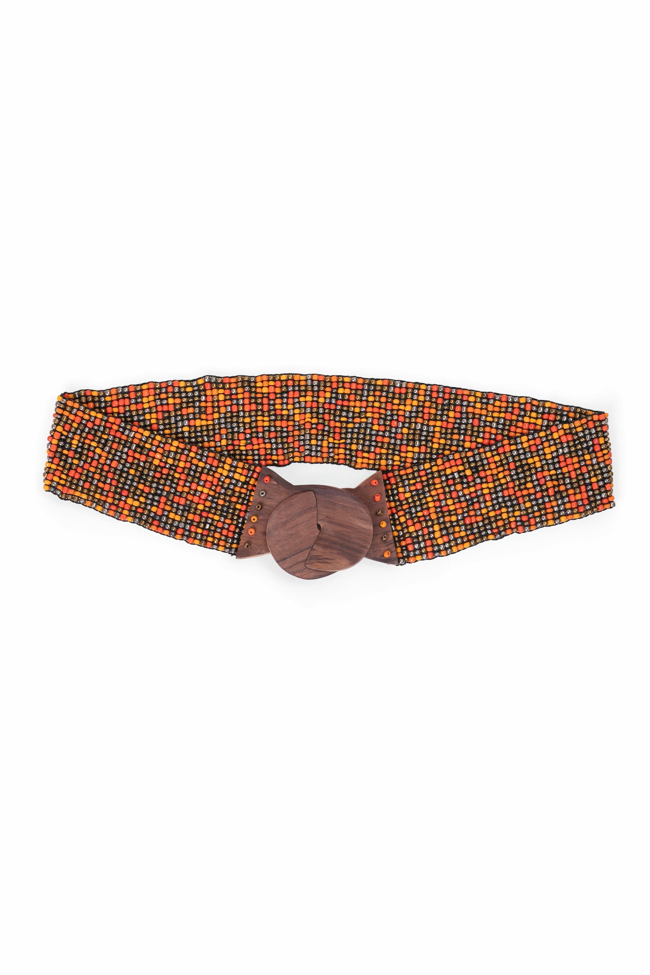 Pasek damski z pomarańczowych koralików z drewnianą klamrą w stylu boho do letnich stylizacji | Bastet | Spironik.pl