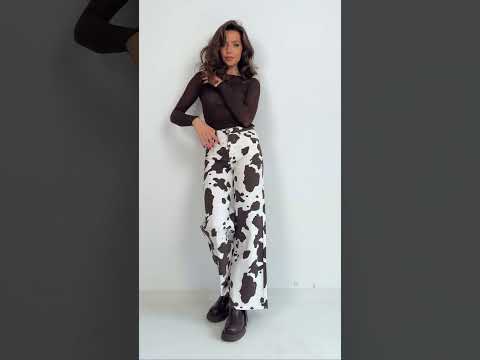 Kalhoty wide leg s zvířecím potiskem ecru s fleky