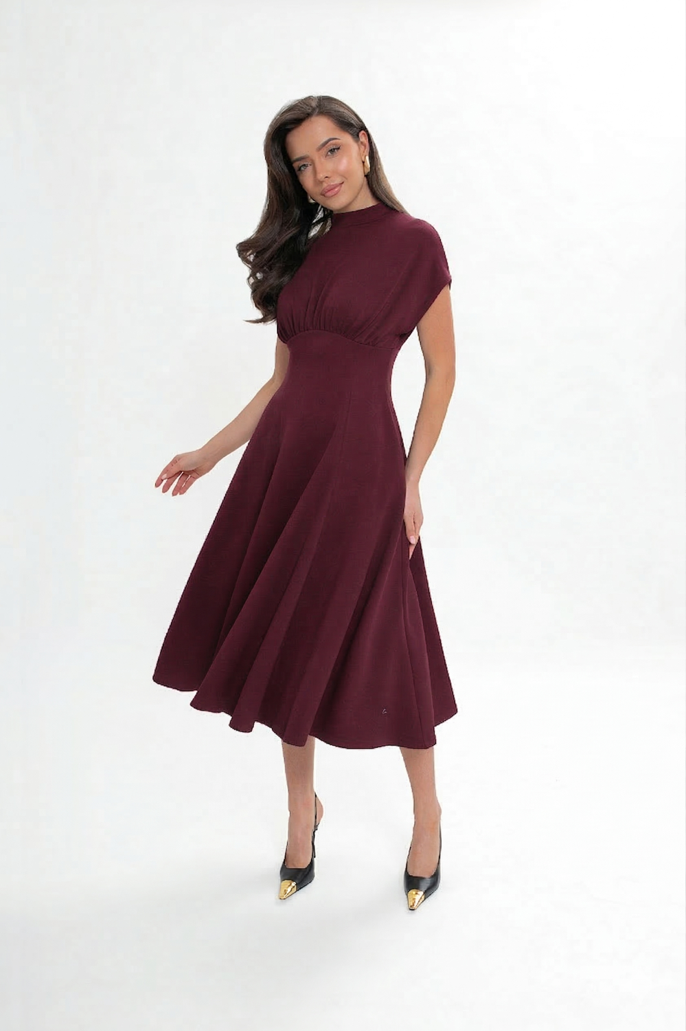 Flared knit midi dress burgundy — aubergine SS 2026 | Spironik.pl