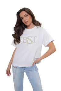 Damen-T-Shirt aus Baumwolle BST, lockere Passform. Farbe: Weiß (gelbes Logo)